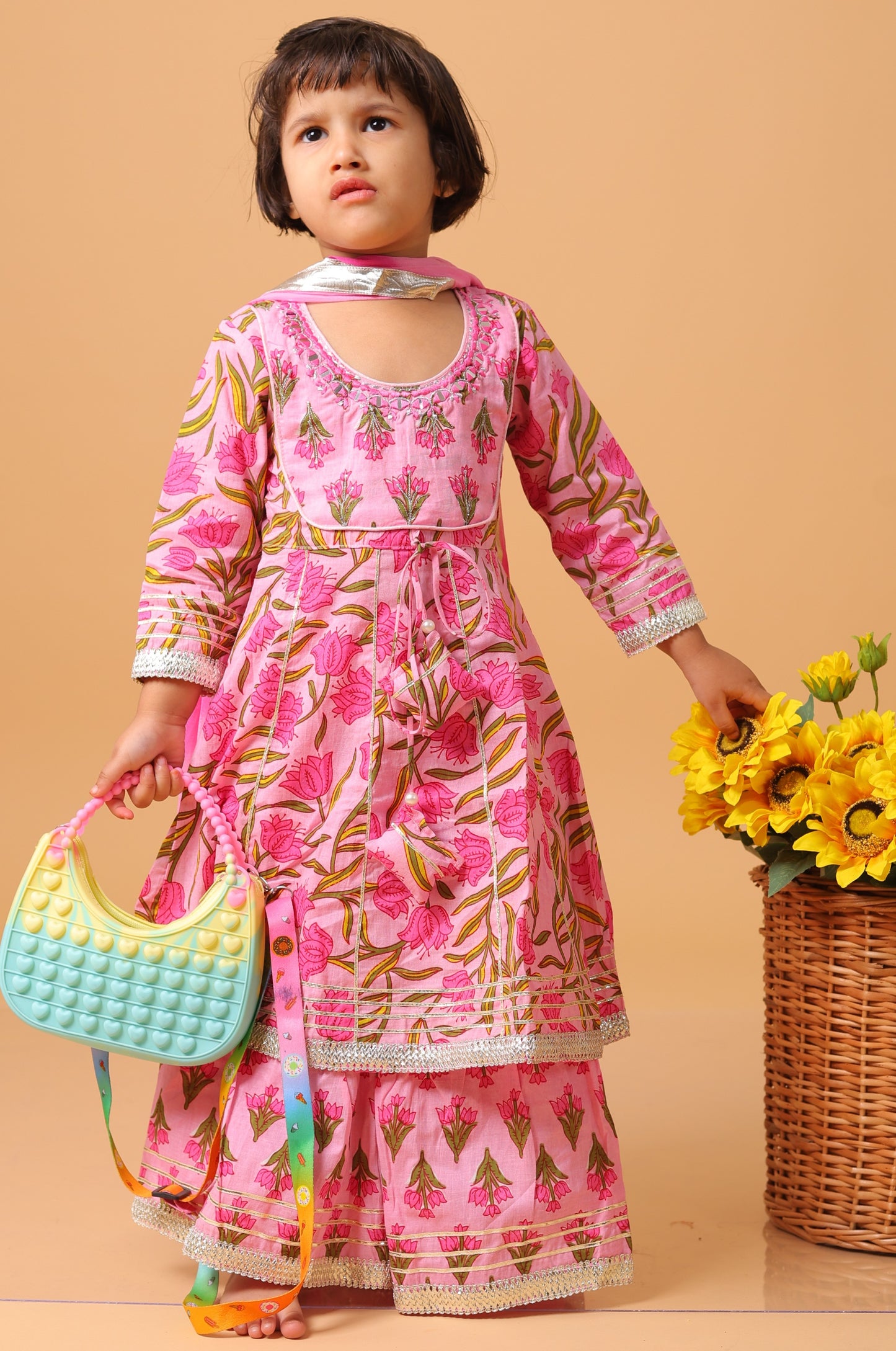 Girls- Kids Pink Kurti Sharara and dupatta set ethnic wear