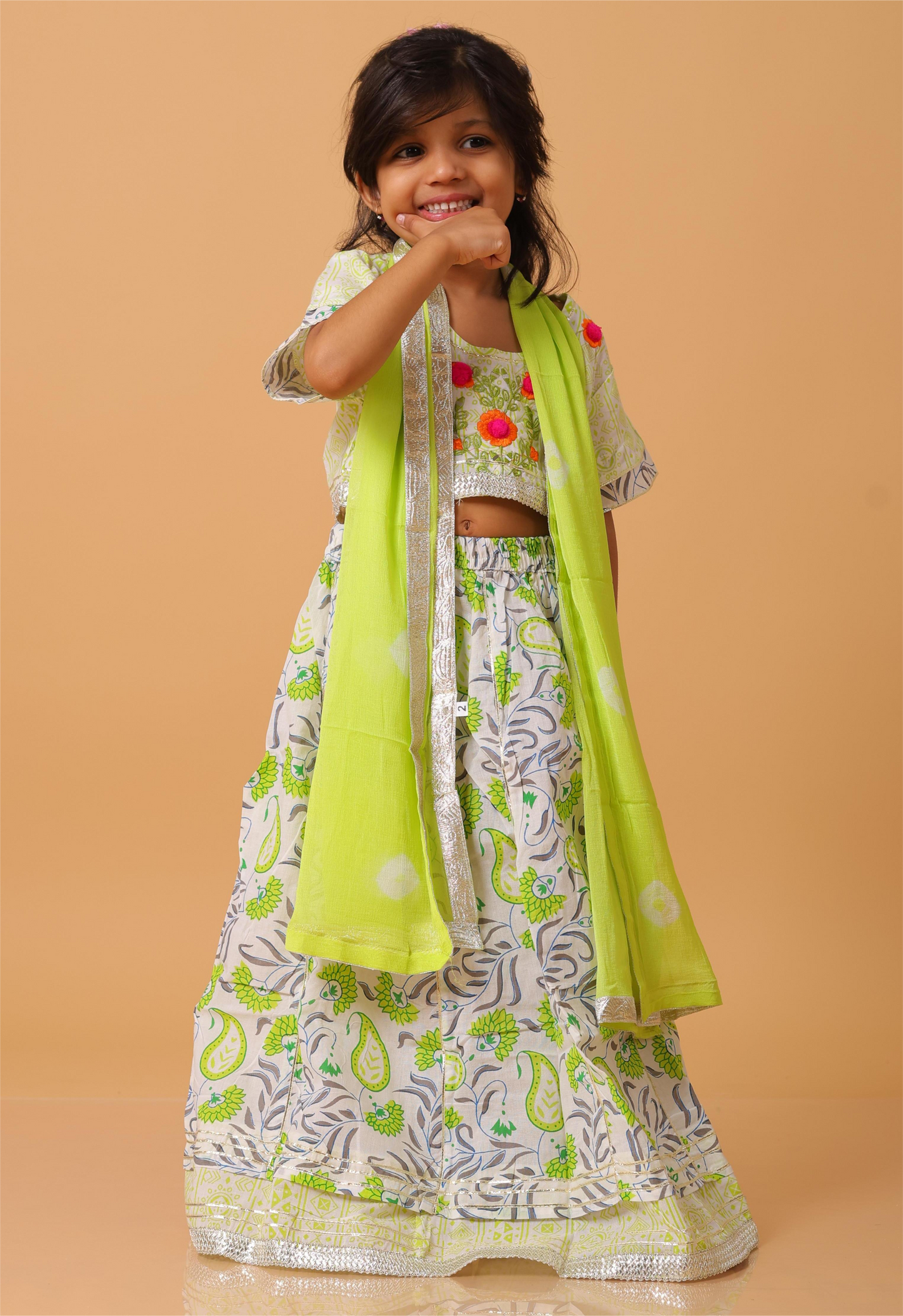 Girls- Kids Lemon Green Croptop Skirt Dupatta Set
