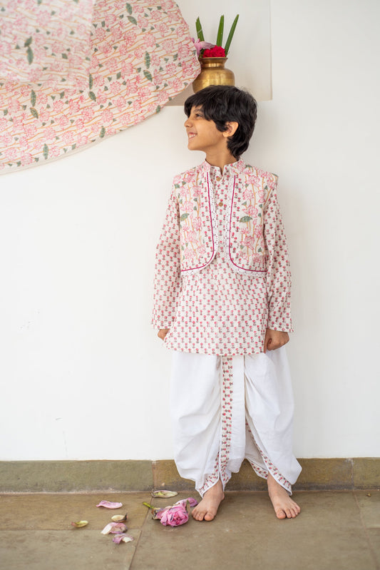 Handblock- Pure 100% Soft Cotton Pink Blossom Kurta Jacket Set