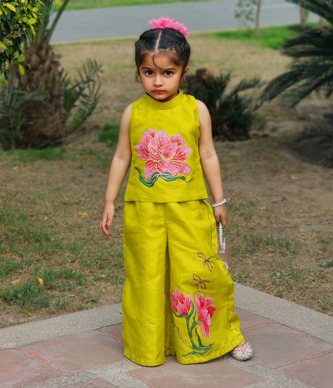 Lotus Hand Painted Girls Crop-Top Pant Co-ord Set - Lime color