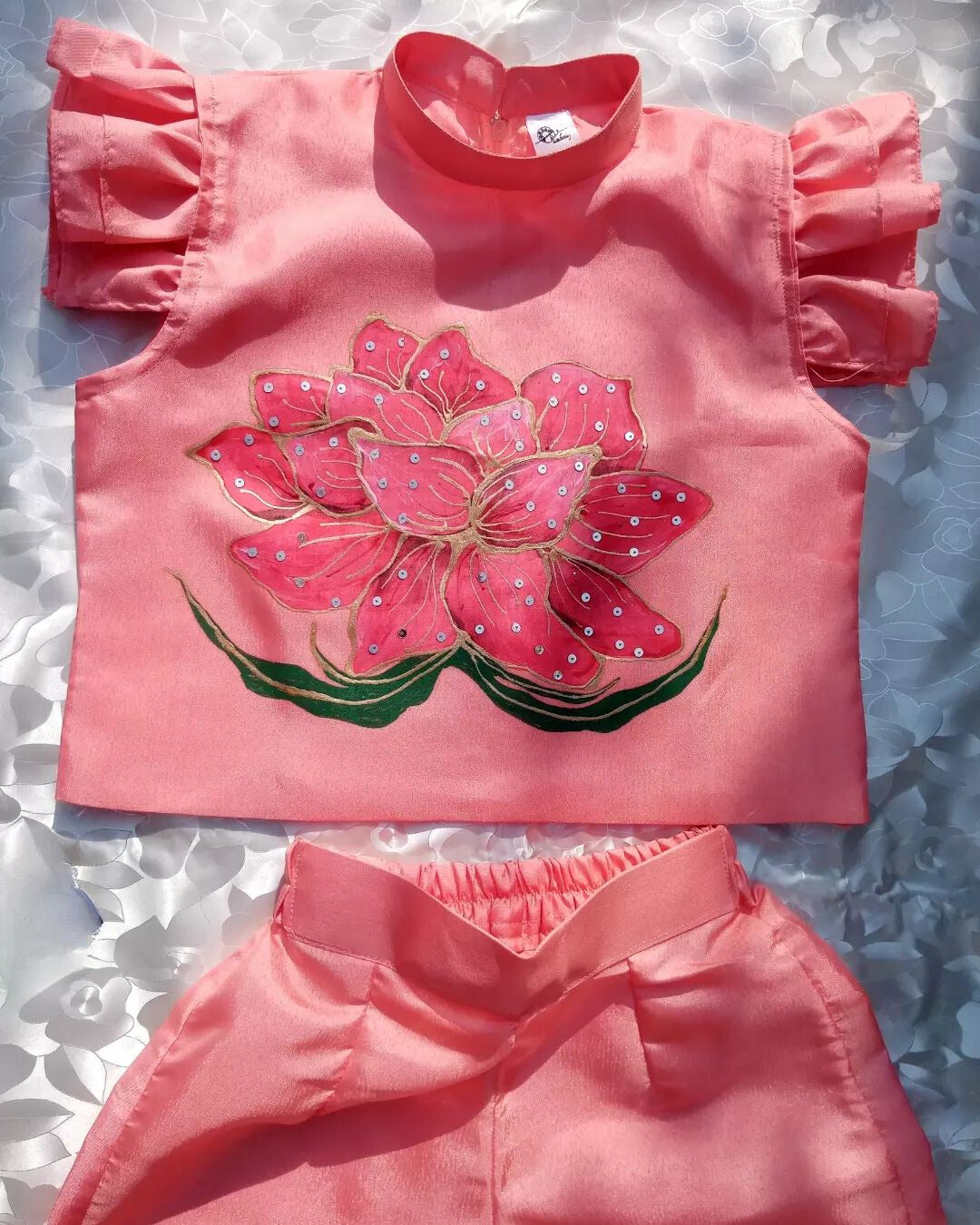 Lotus Hand Painted Girls Crop-Top Pant Co-ord Set - Peach