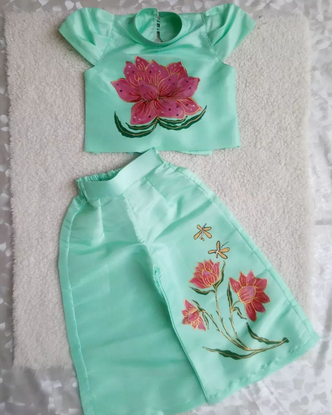 Lotus Hand Painted Girls Crop-Top Pant Co-ord Set - Teal Blue