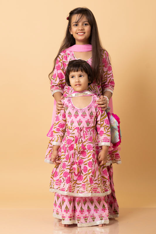 Girls- Kids Pink Kurti Sharara and dupatta set ethnic wear