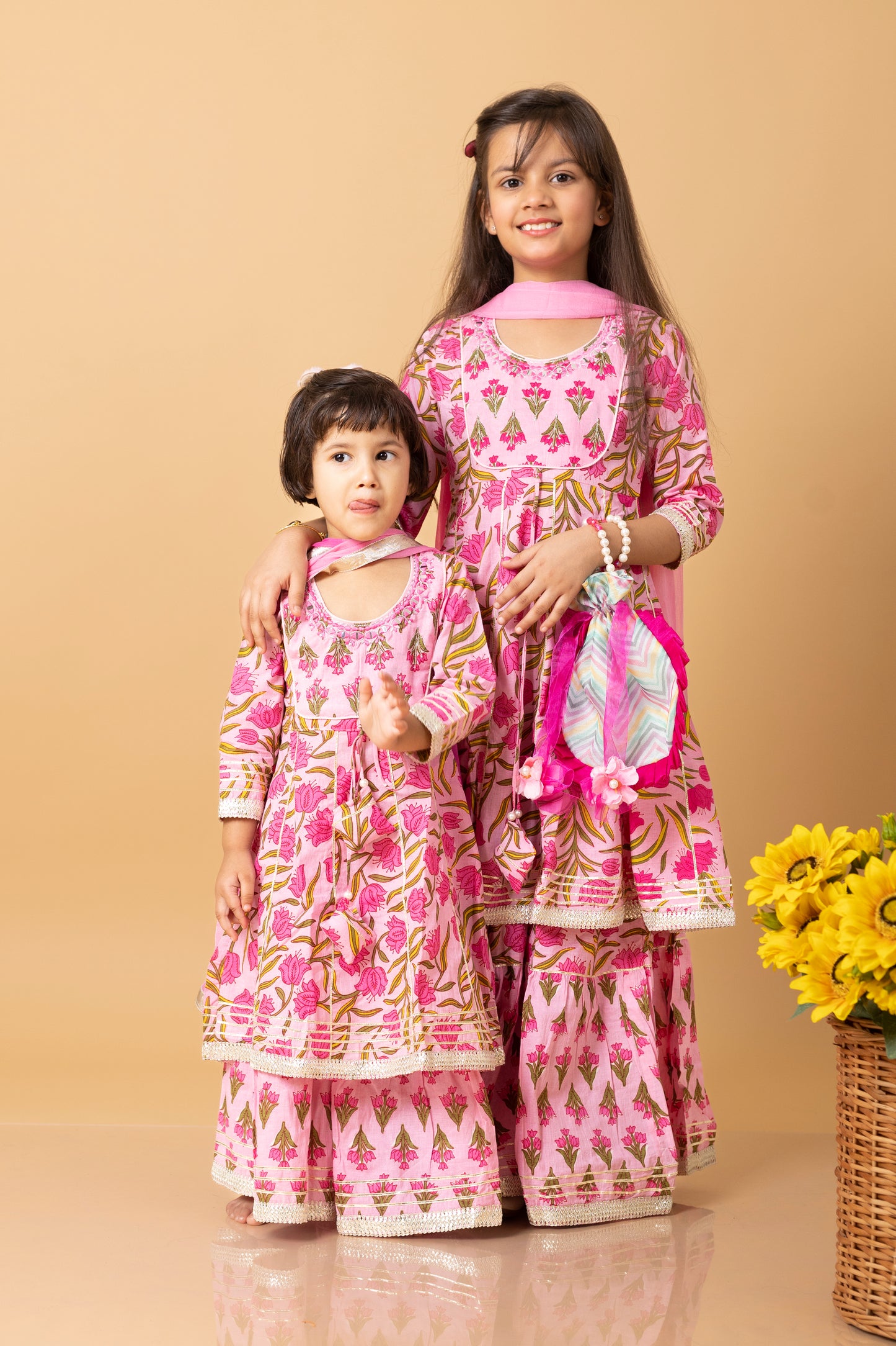 Girls- Kids Pink Kurti Sharara and dupatta set ethnic wear