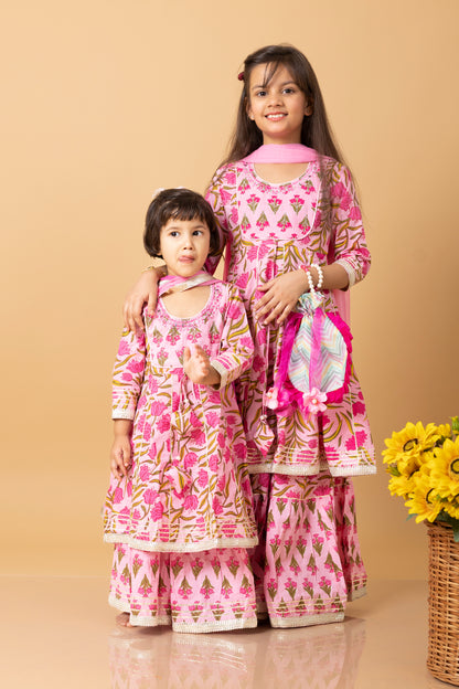Girls- Kids Pink Kurti Sharara and dupatta set ethnic wear