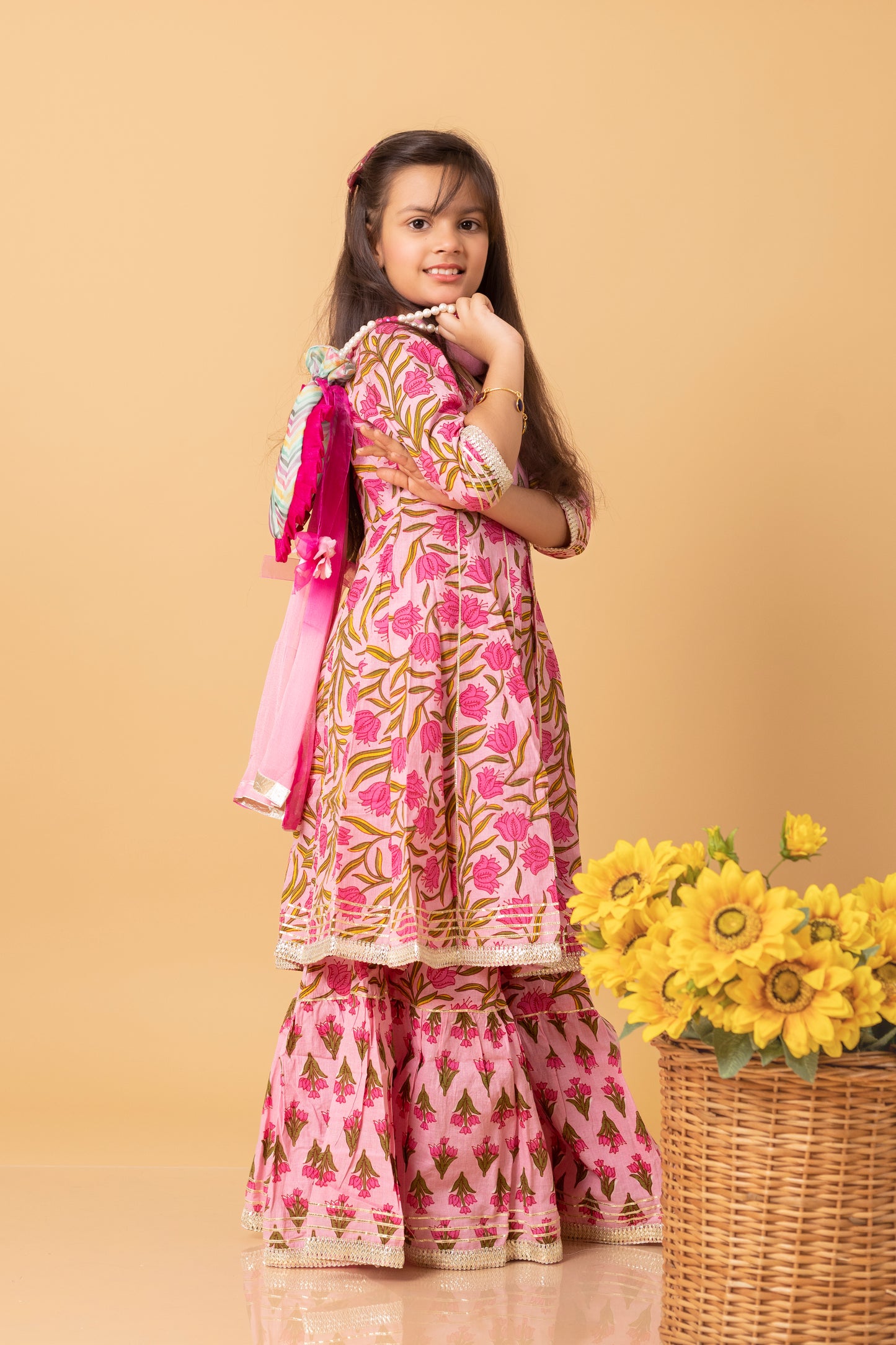 Girls- Kids Pink Kurti Sharara and dupatta set ethnic wear