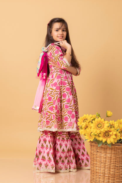 Girls- Kids Pink Kurti Sharara and dupatta set ethnic wear