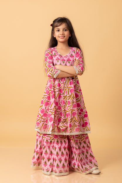 Girls- Kids Pink Kurti Sharara and dupatta set ethnic wear