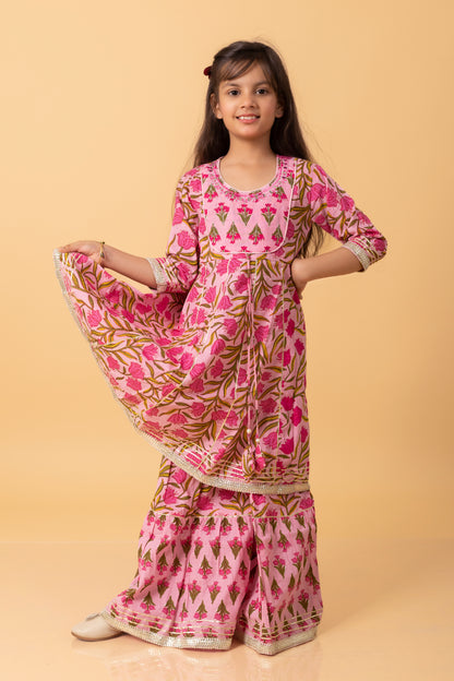 Girls- Kids Pink Kurti Sharara and dupatta set ethnic wear