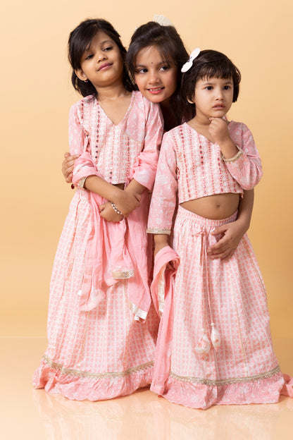 Girls- Kids Pink Crop-top V neck top dupatta set ethnic wear