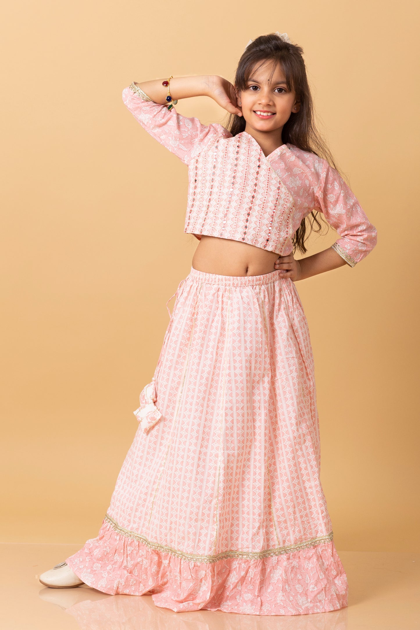 Girls- Kids Pink Crop-top V neck top dupatta set ethnic wear