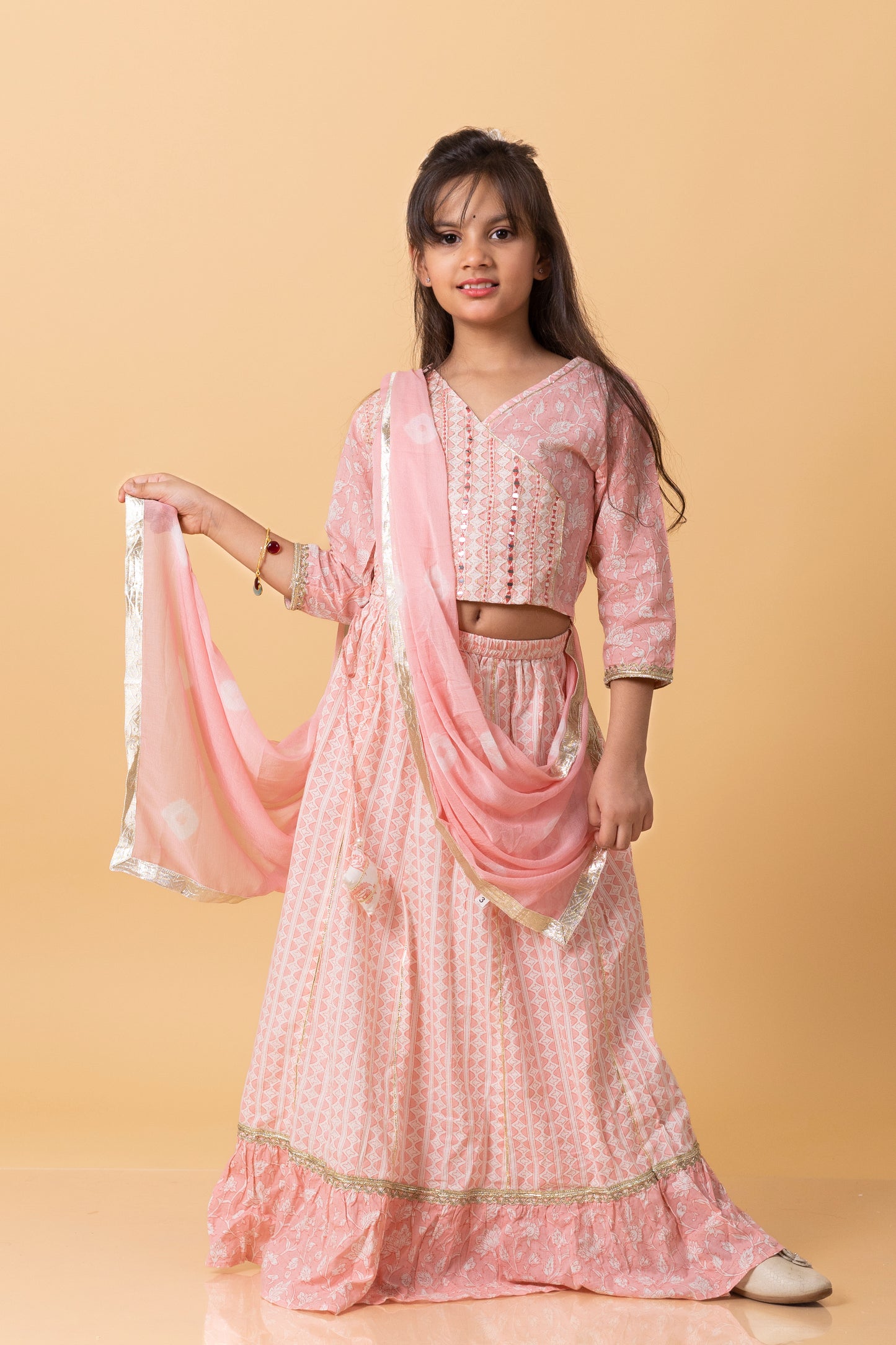 Girls- Kids Pink Crop-top V neck top dupatta set ethnic wear