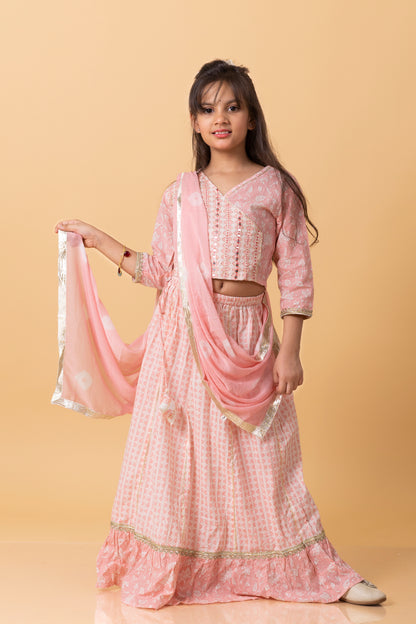 Girls- Kids Pink Crop-top V neck top dupatta set ethnic wear