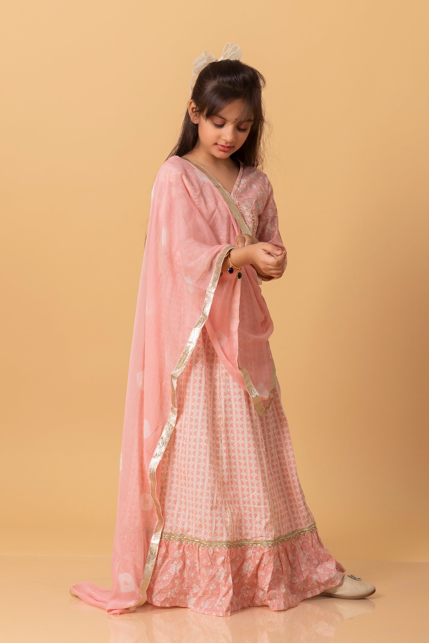 Girls- Kids Pink Crop-top V neck top dupatta set ethnic wear