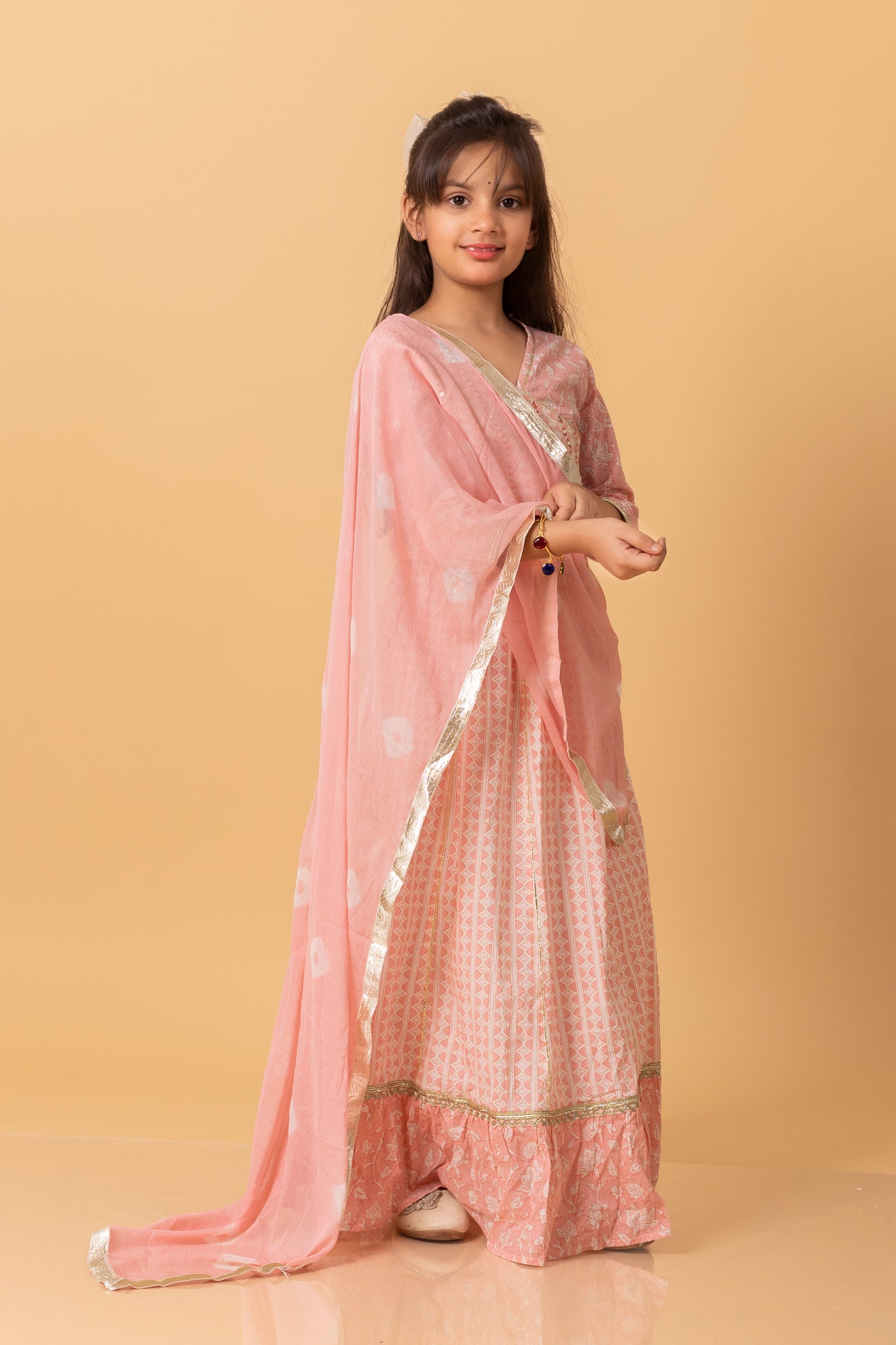 Girls- Kids Pink Crop-top V neck top dupatta set ethnic wear