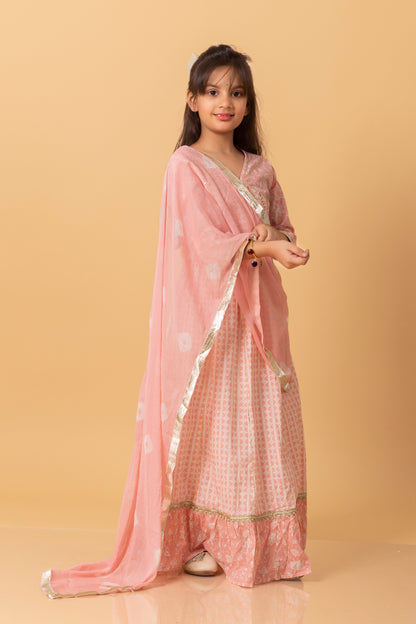 Girls- Kids Pink Crop-top V neck top dupatta set ethnic wear