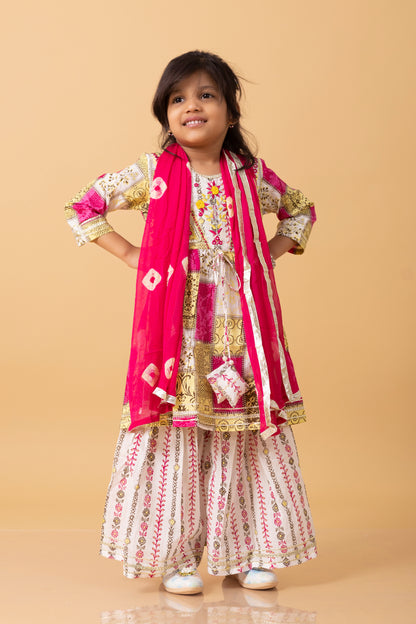 Girls- Kids Hand embroidered Sharara Kurti bandhni dupatta set ethnic wear