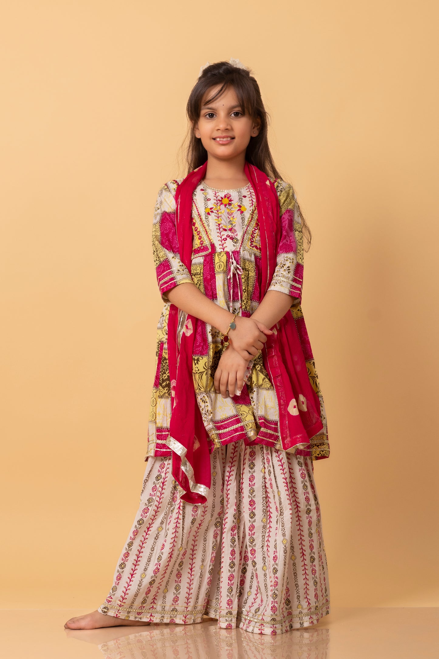 Girls- Kids Hand embroidered Sharara Kurti bandhni dupatta set ethnic wear
