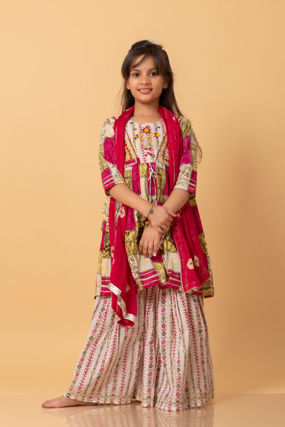 Girls- Kids Hand embroidered Sharara Kurti bandhni dupatta set ethnic wear