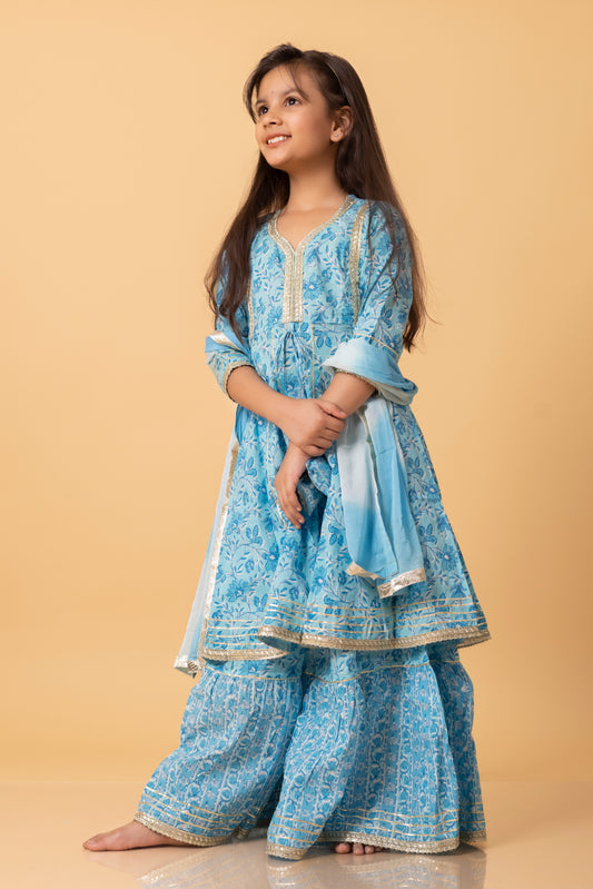 Girls- Kids Blue Sharara Kurti dupatta set ethnic wear