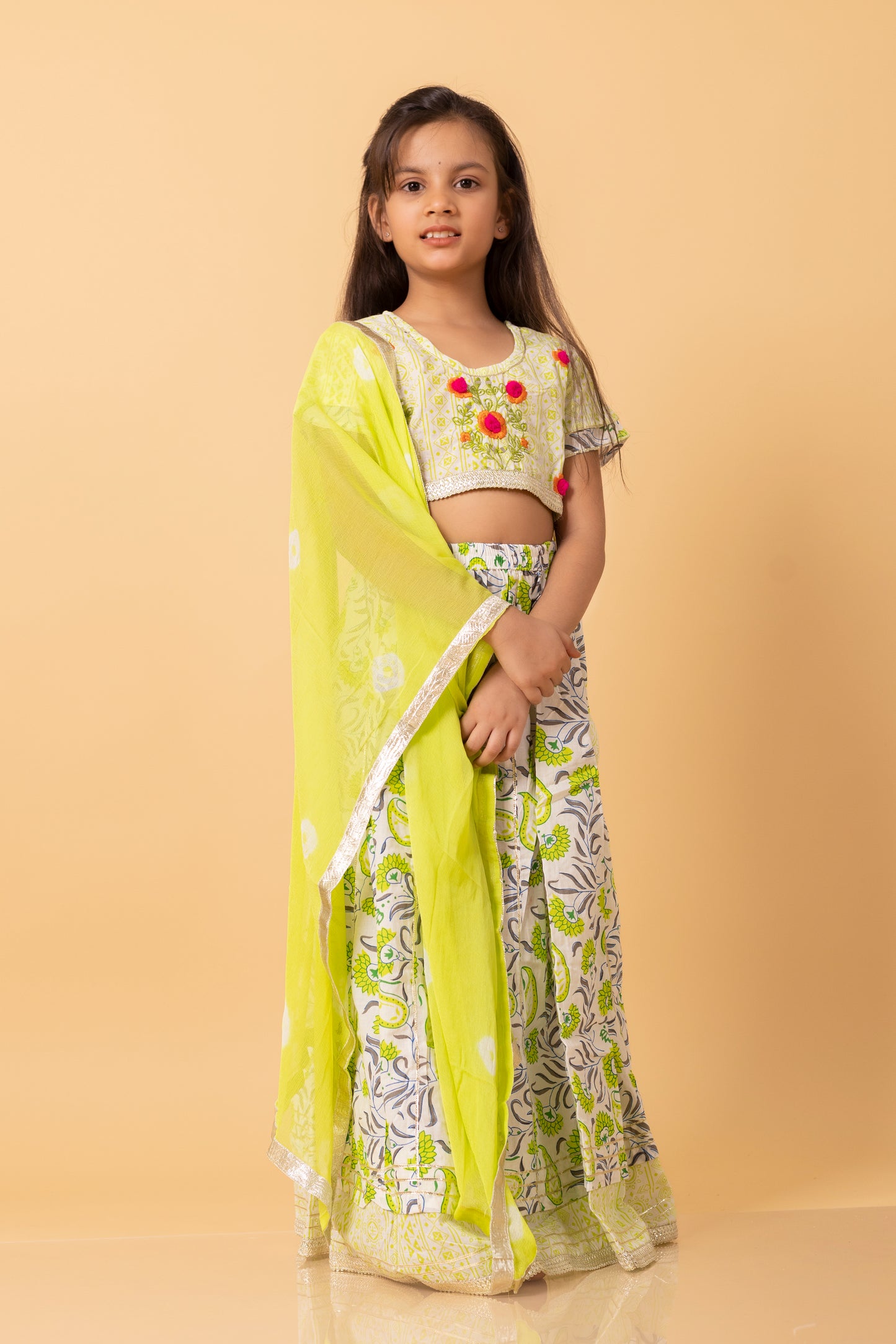 Girls- Kids Lemon Green Croptop Skirt Dupatta Set