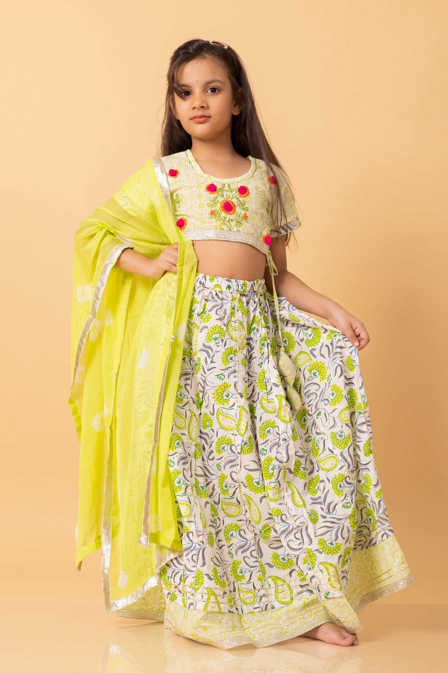 Girls- Kids Lemon Green Croptop Skirt Dupatta Set