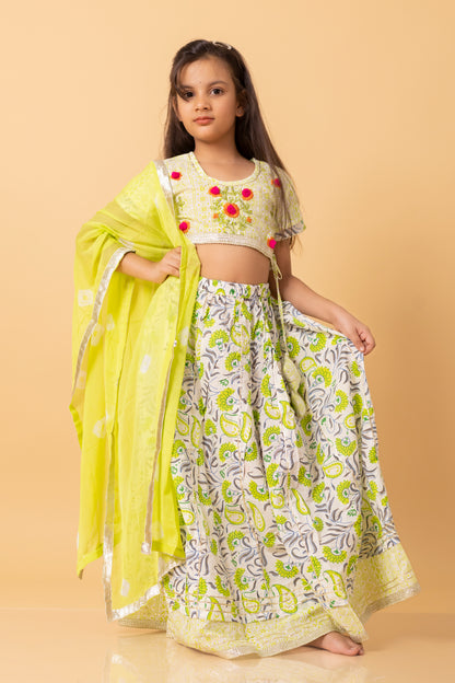Girls- Kids Lemon Green Croptop Skirt Dupatta Set
