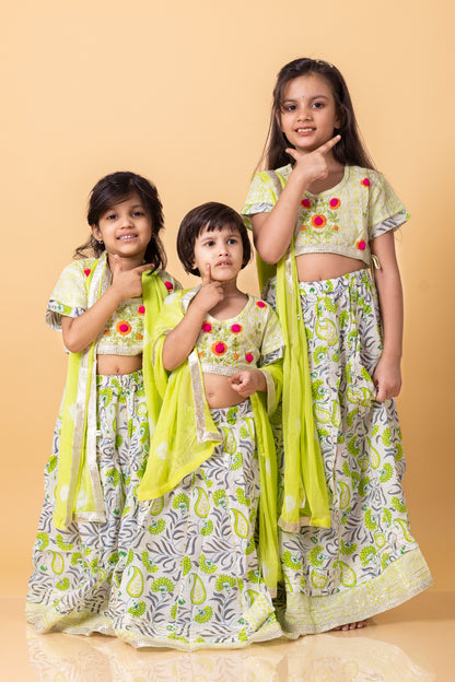 Girls- Kids Lemon Green Croptop Skirt Dupatta Set