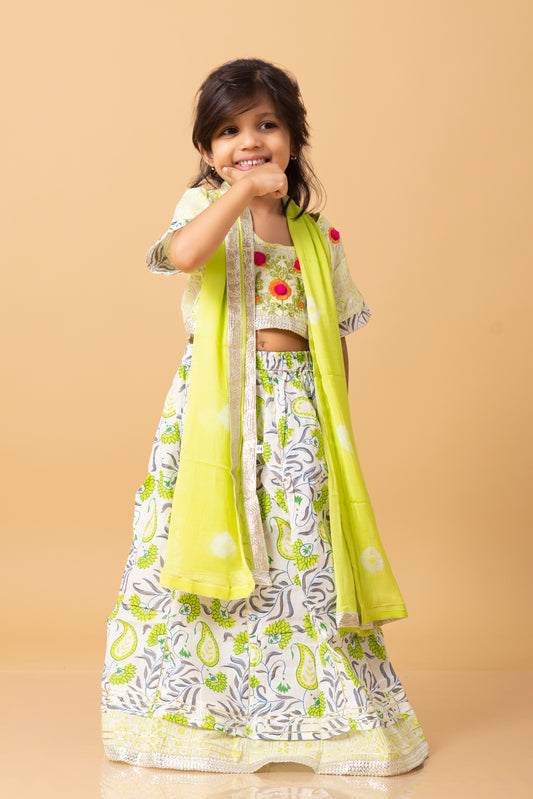 Girls- Kids Lemon Green Croptop Skirt Dupatta Set