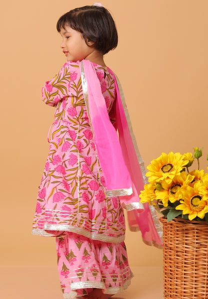 Girls- Kids Pink Kurti Sharara and dupatta set ethnic wear