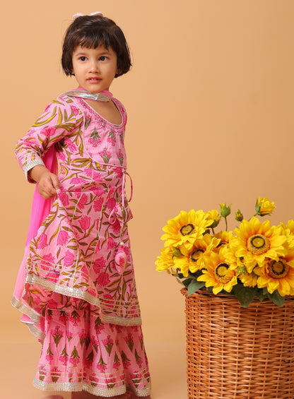 Girls- Kids Pink Kurti Sharara and dupatta set ethnic wear