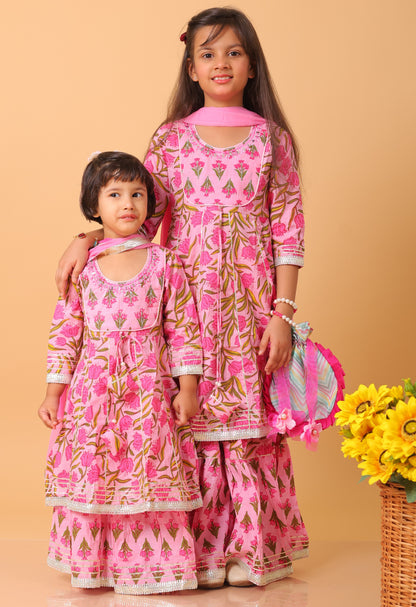 Girls- Kids Pink Kurti Sharara and dupatta set ethnic wear