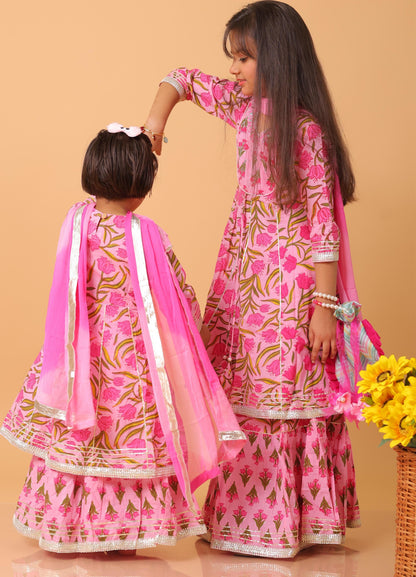 Girls- Kids Pink Kurti Sharara and dupatta set ethnic wear