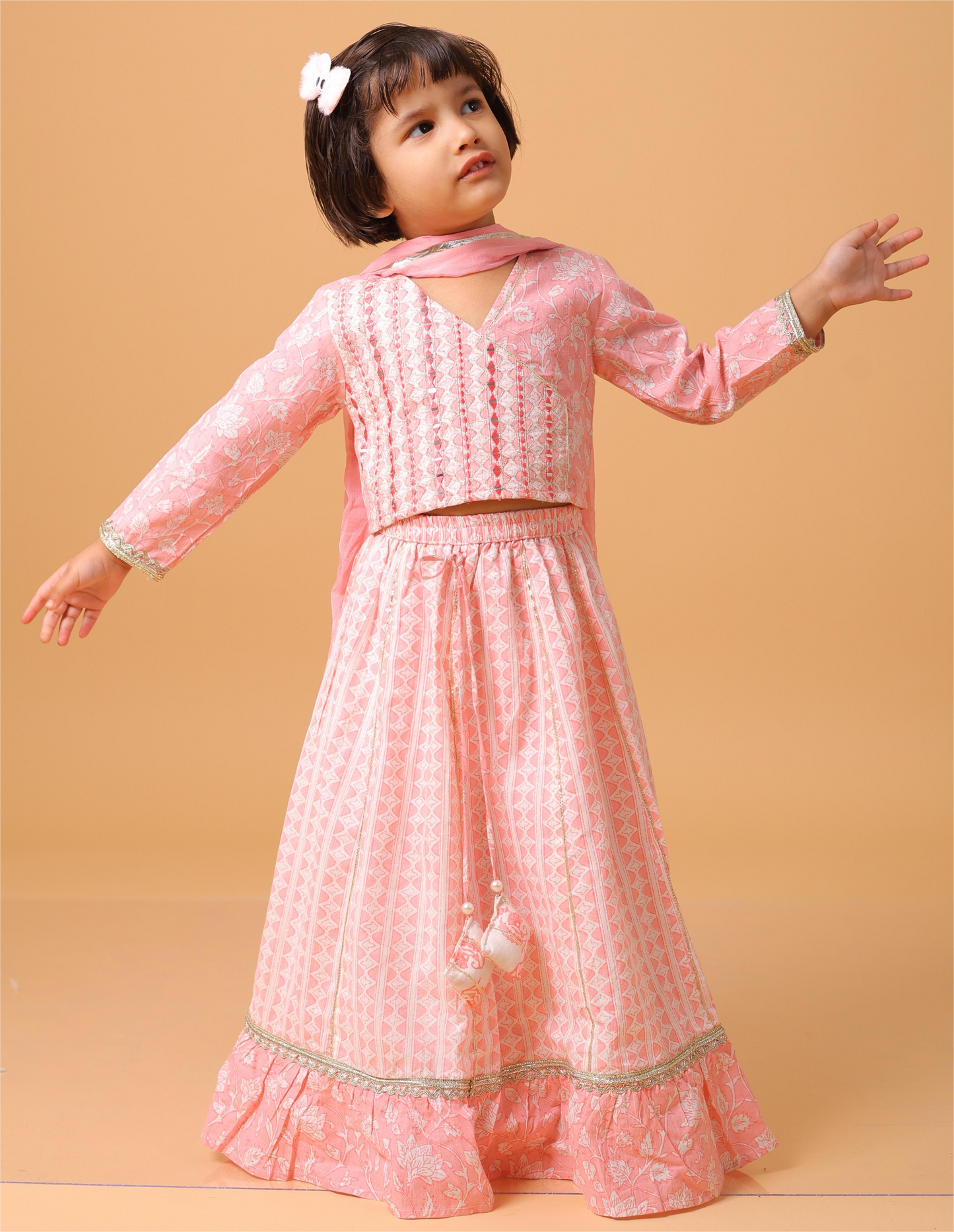 Girls- Kids Pink Crop-top V neck top dupatta set ethnic wear