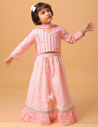 Girls- Kids Pink Crop-top V neck top dupatta set ethnic wear