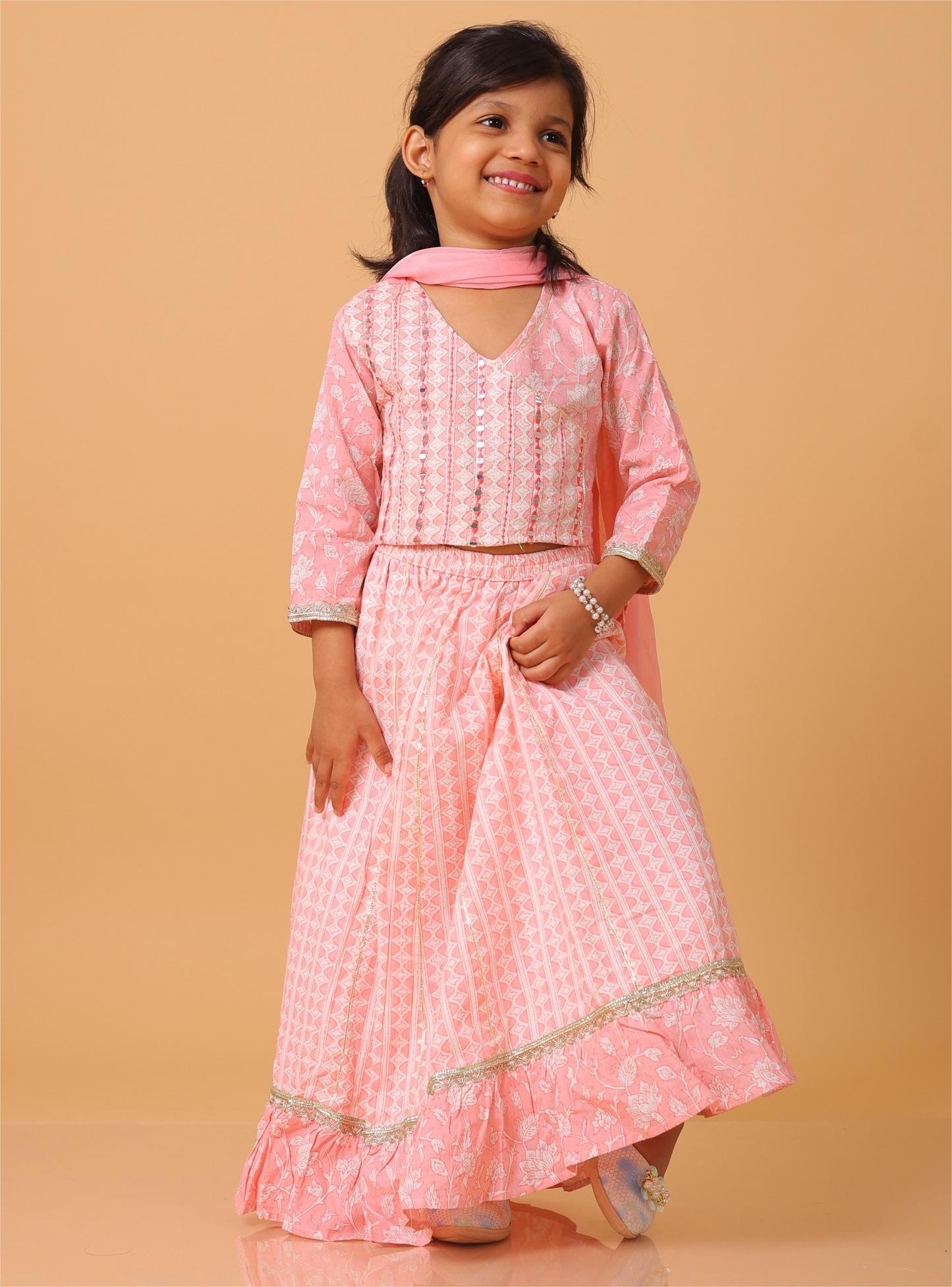 Girls- Kids Pink Crop-top V neck top dupatta set ethnic wear