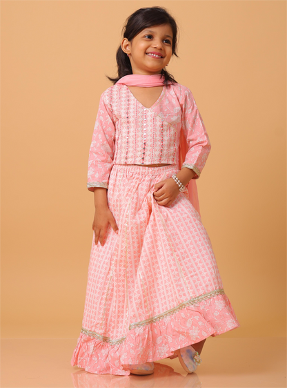 Girls- Kids Pink Crop-top V neck top dupatta set ethnic wear