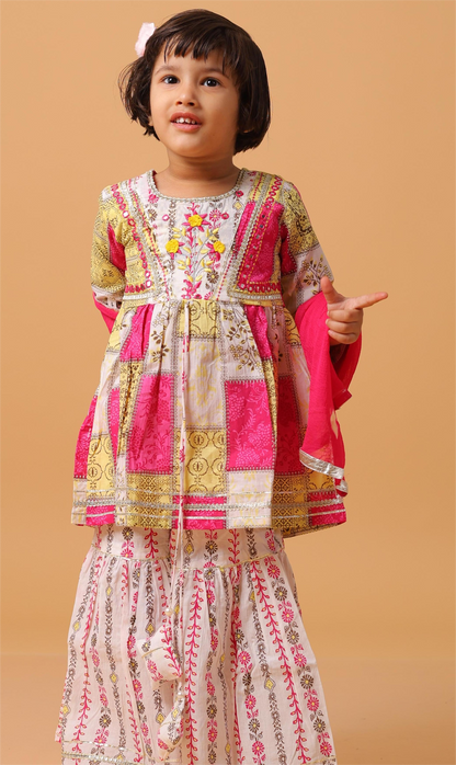 Girls- Kids Hand embroidered Sharara Kurti bandhni dupatta set ethnic wear