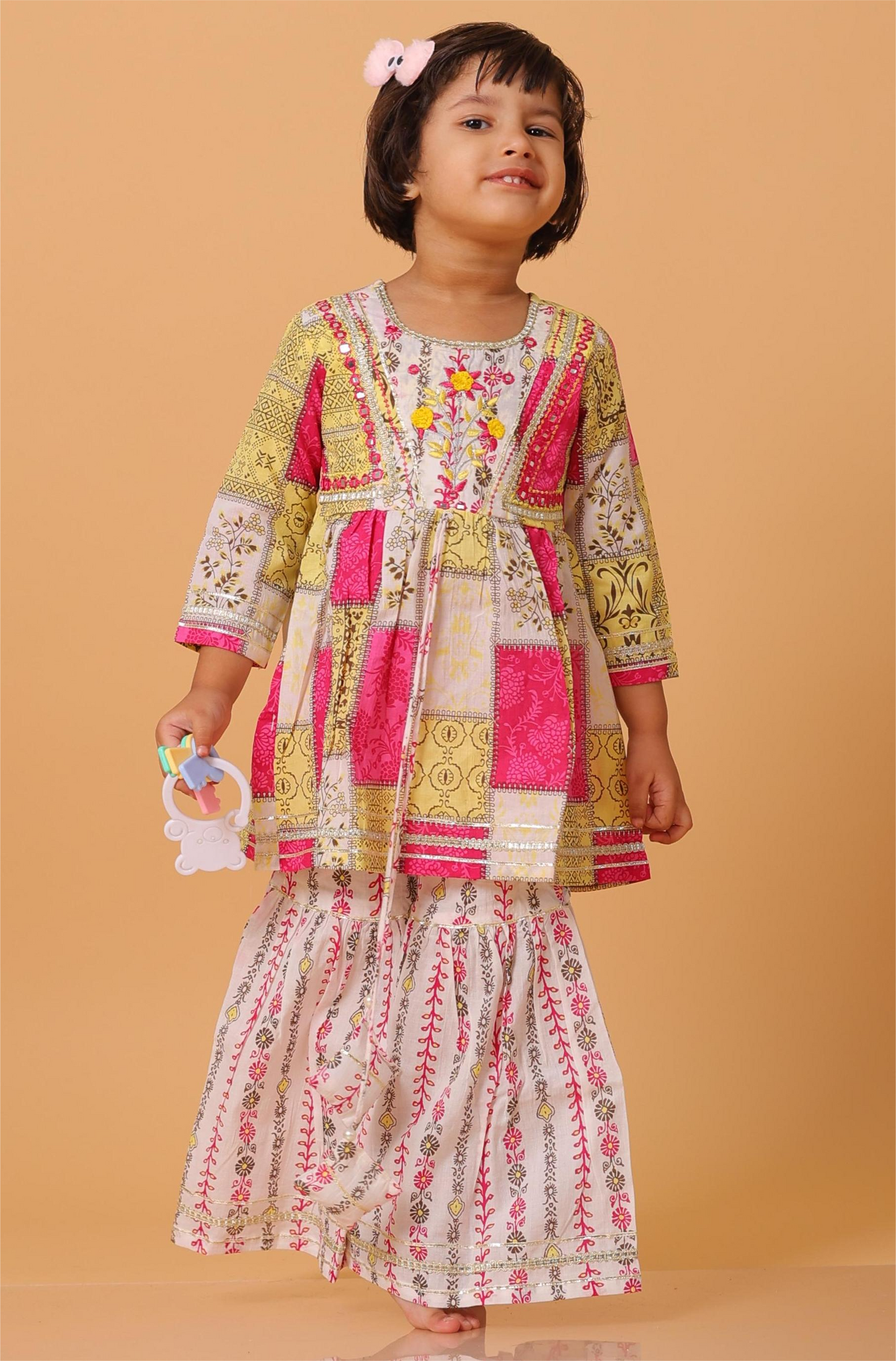 Girls- Kids Hand embroidered Sharara Kurti bandhni dupatta set ethnic wear