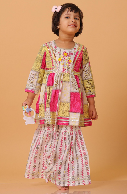 Girls- Kids Hand embroidered Sharara Kurti bandhni dupatta set ethnic wear