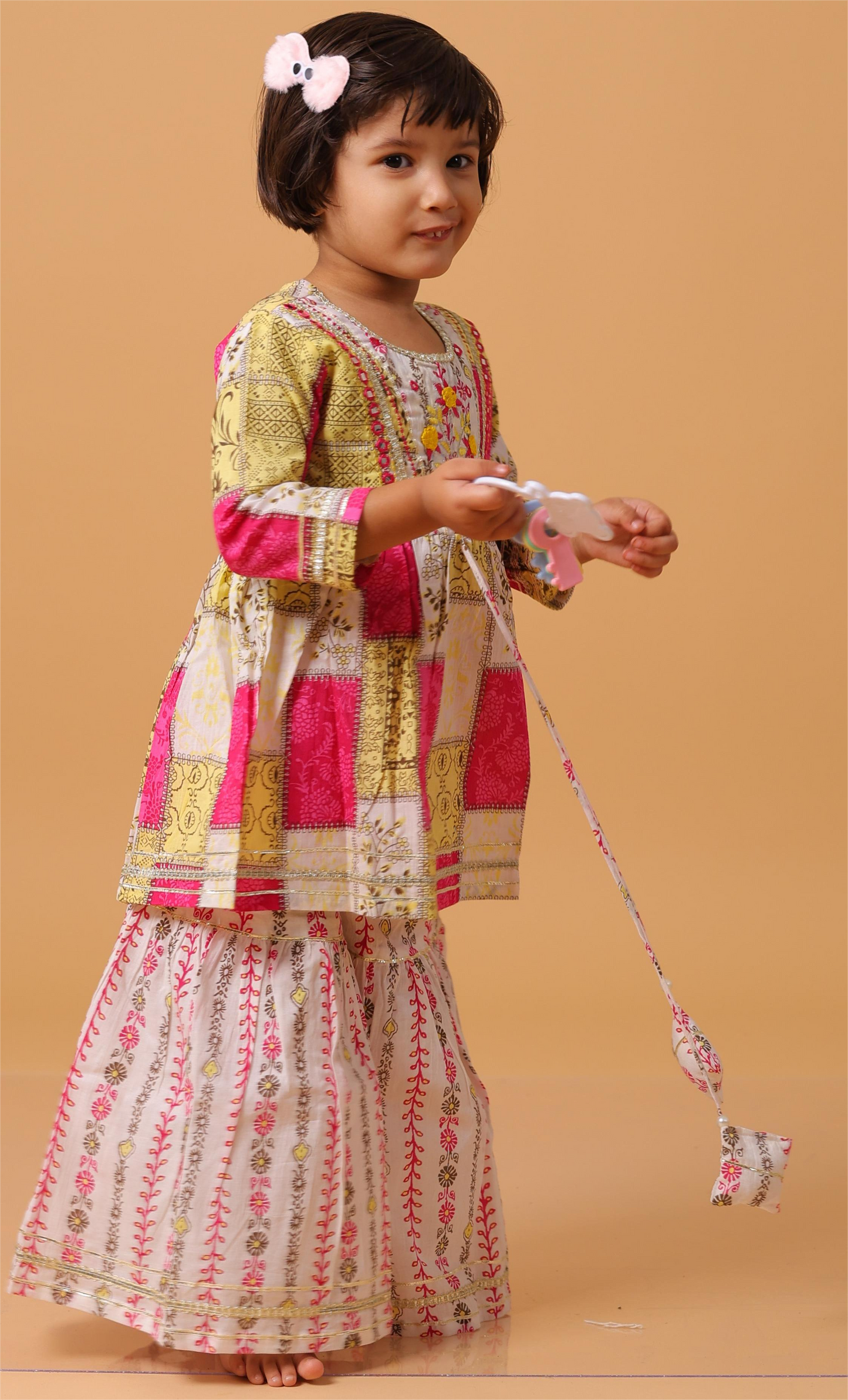 Girls- Kids Hand embroidered Sharara Kurti bandhni dupatta set ethnic wear