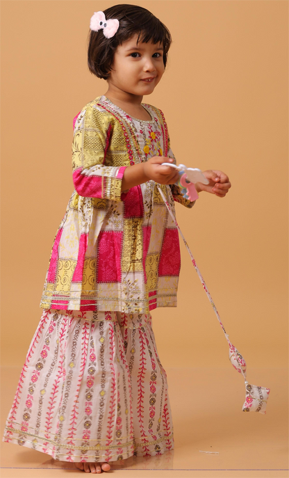 Girls- Kids Hand embroidered Sharara Kurti bandhni dupatta set ethnic wear