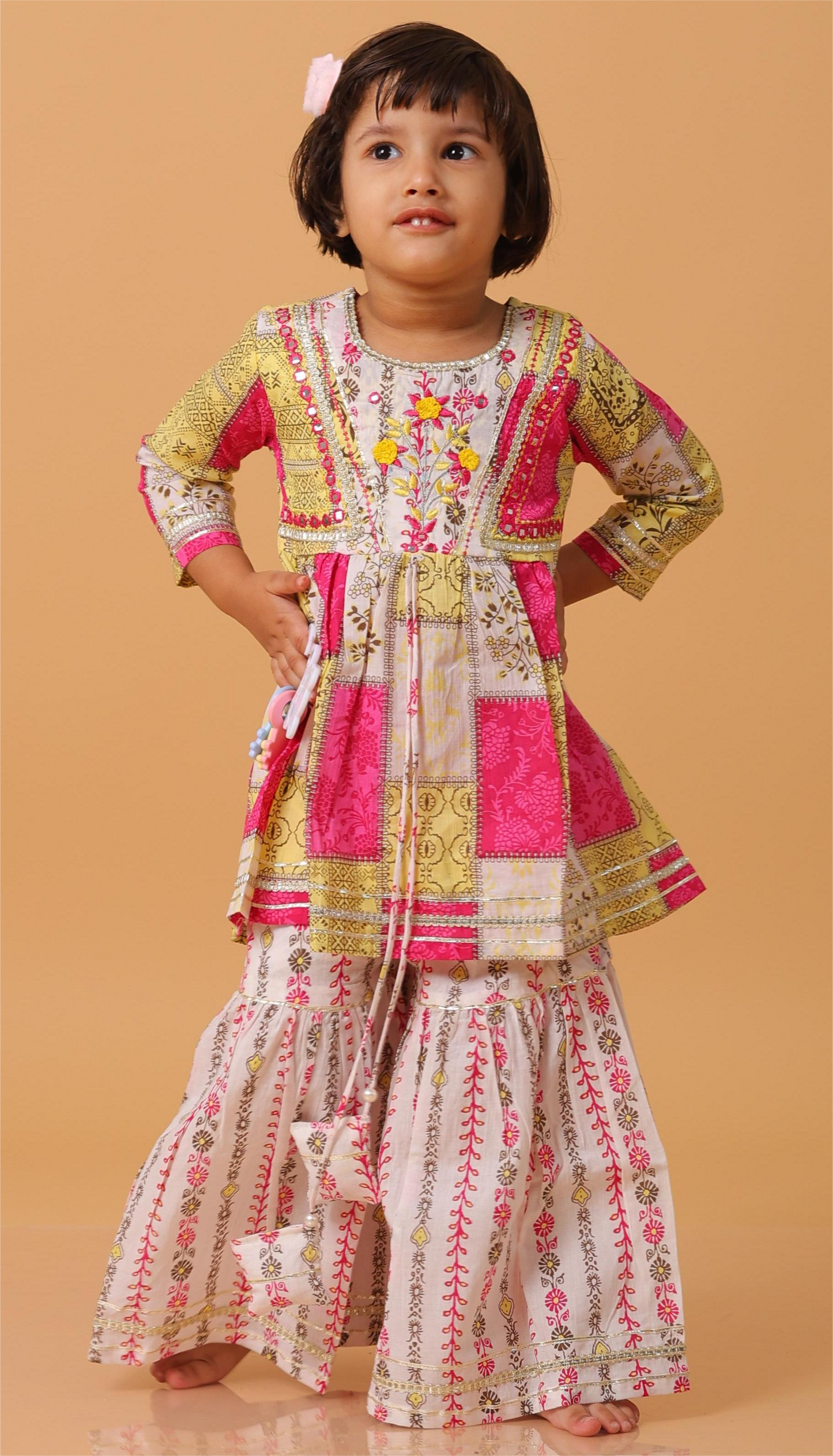 Girls- Kids Hand embroidered Sharara Kurti bandhni dupatta set ethnic wear