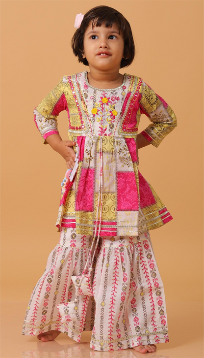 Girls- Kids Hand embroidered Sharara Kurti bandhni dupatta set ethnic wear