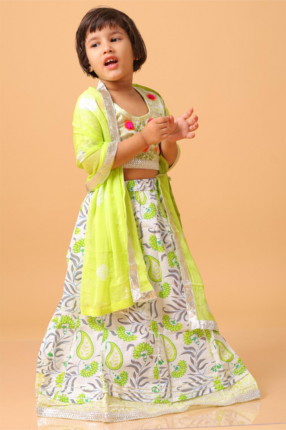 Girls- Kids Lemon Green Croptop Skirt Dupatta Set