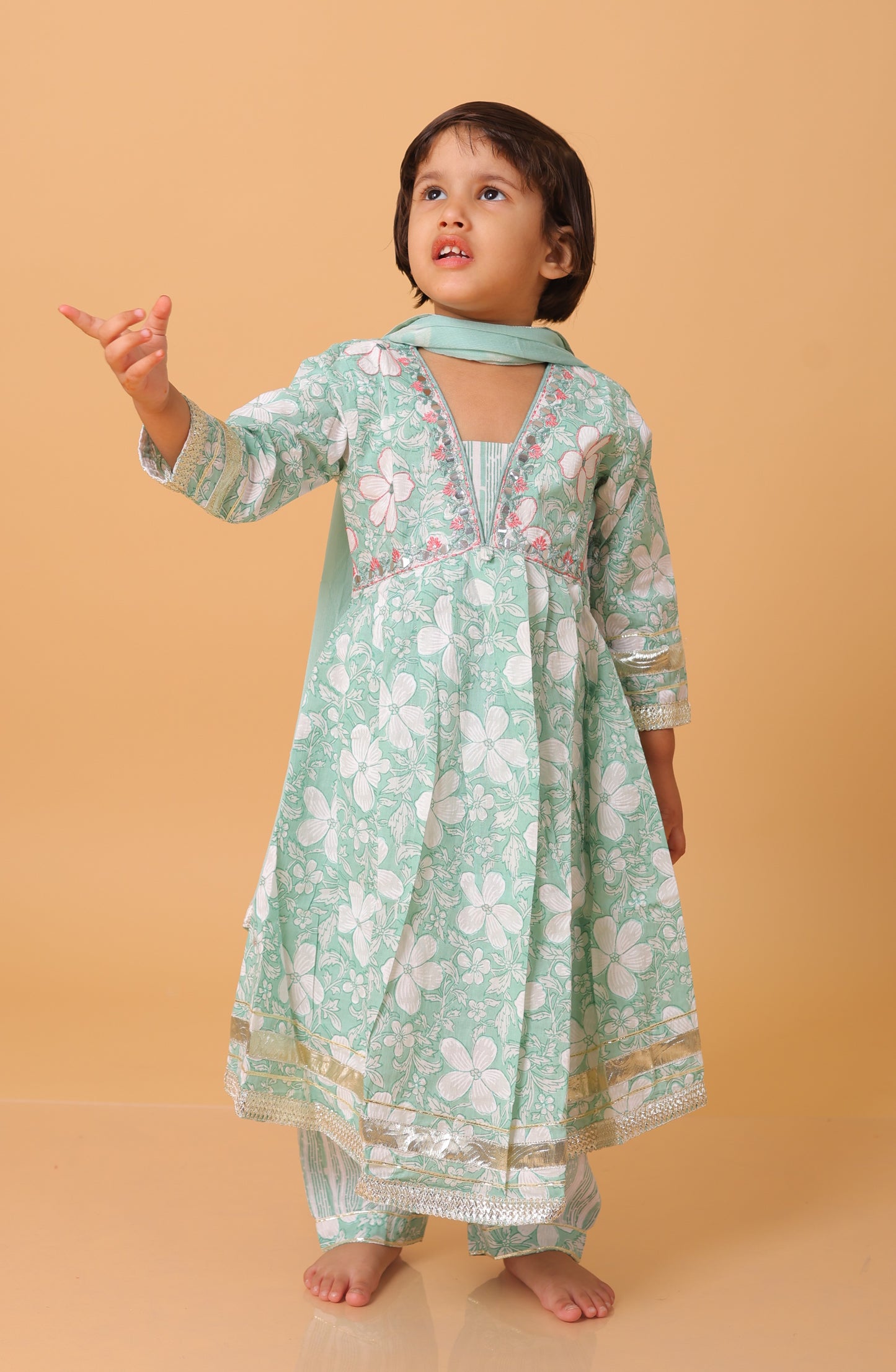 Girls- Kids SeaGreen Embroidery neck fill kurti dupatta set