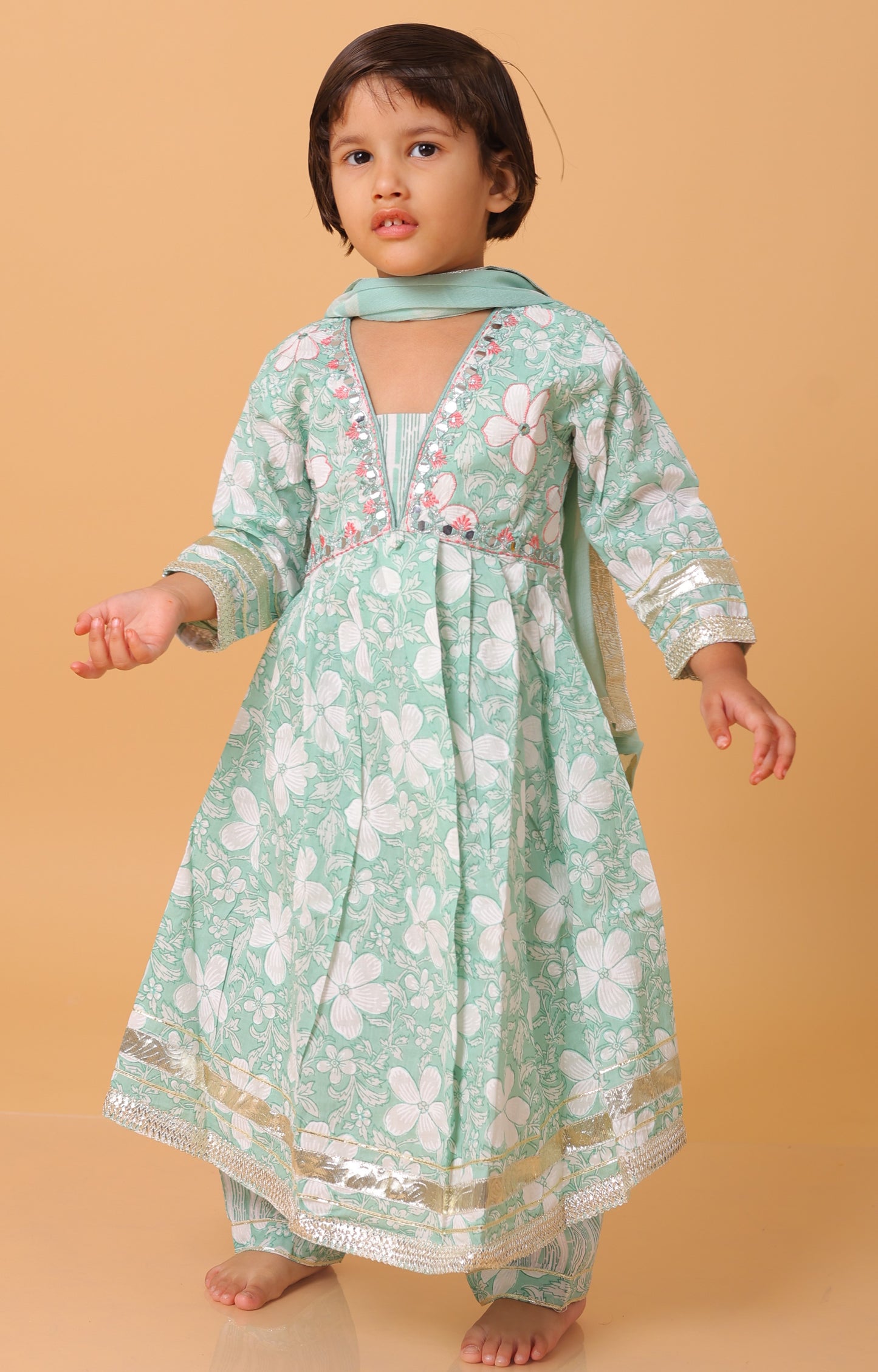 Girls- Kids SeaGreen Embroidery neck fill kurti dupatta set