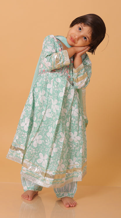 Girls- Kids SeaGreen Embroidery neck fill kurti dupatta set