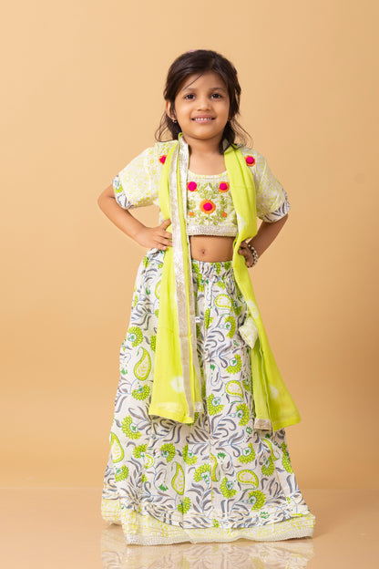 Girls- Kids Lemon Green Croptop Skirt Dupatta Set