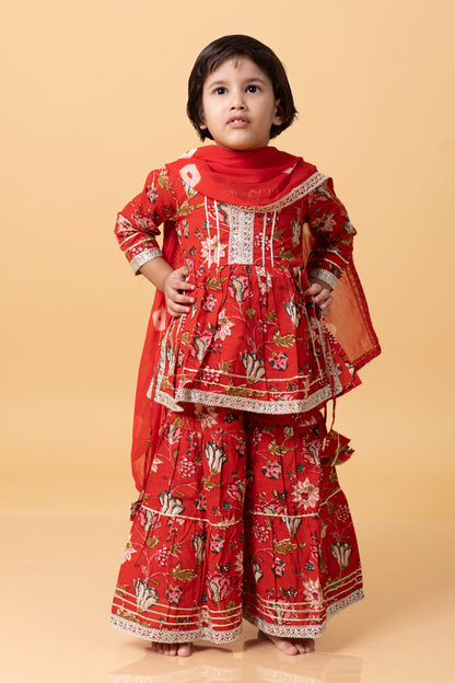 Girls- Kids Red Anarkali Kuirti Dupatta Sharara Set